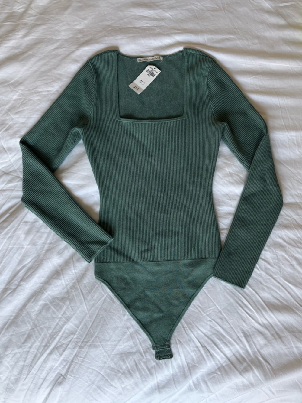 Abercrombie & Fitch Ribbed Square Neck Long Sleeve Bodysuit - Sage